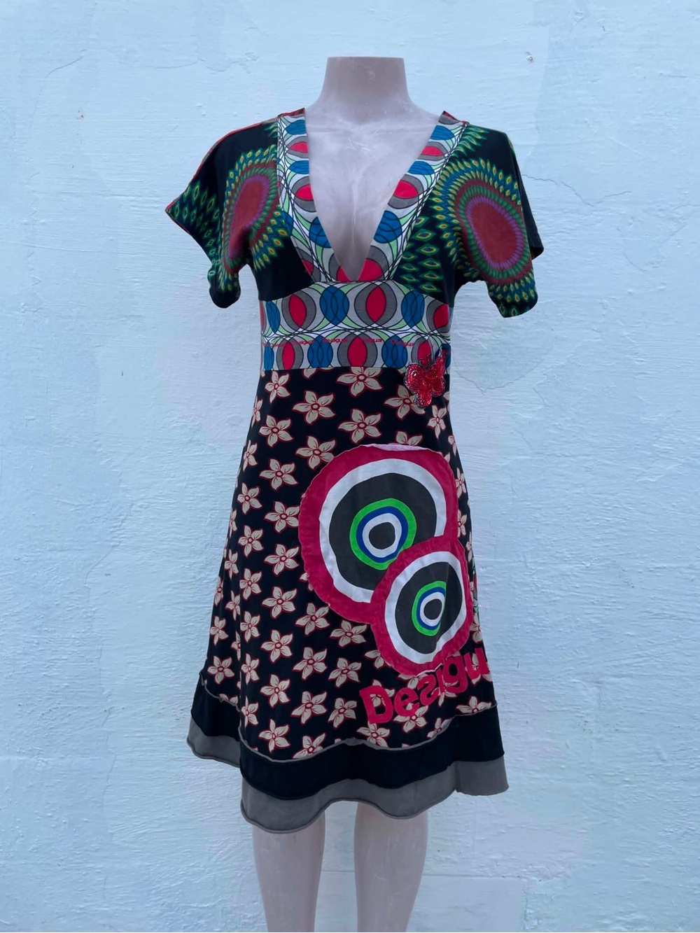 Desigual Black Multicolor V-Neck Patterned A-Line Dress